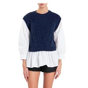 English Factory Mixed Media Cable Knit Sweater Navy White Size L NWT